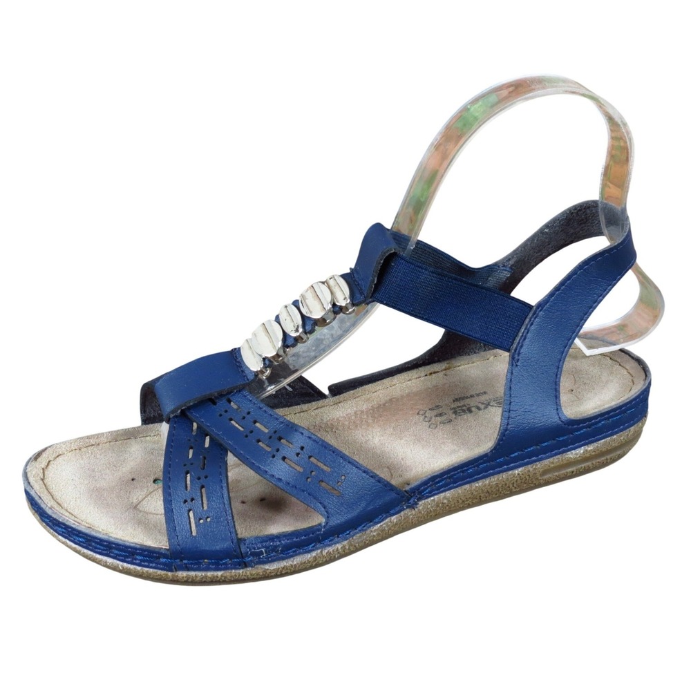 Flexus Women Gladiator Sandals Size 38 Comfort Walking Navy Blue Metallic Accent